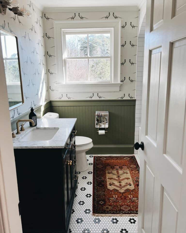 Bathroom With Vintage Rug and Avian Wallpaper