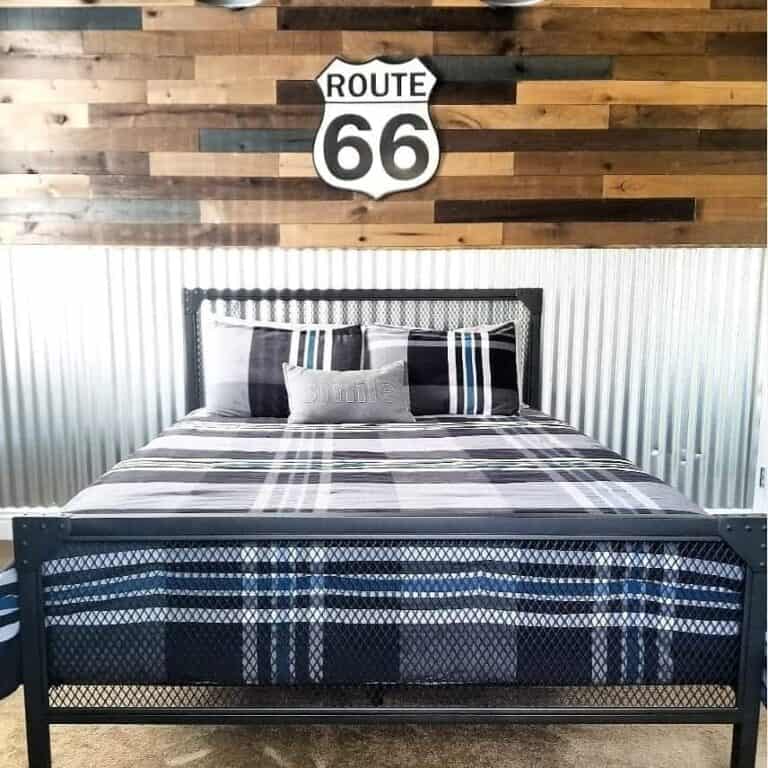 Bedroom Accent Wall Design With Wood and Corrugated Steel