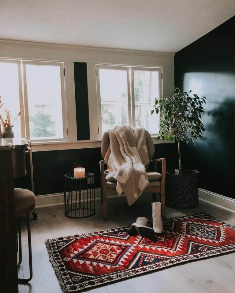 Black Accent Walls With a Dramatic Red Rug