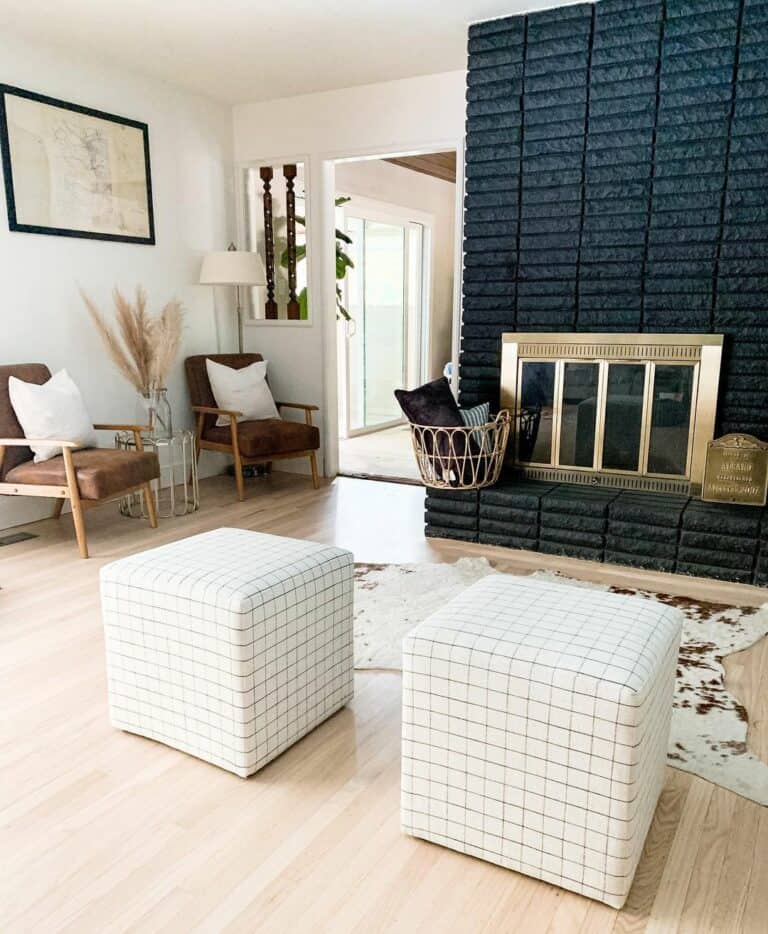 Black Brick Fireplace and Cube Ottomans