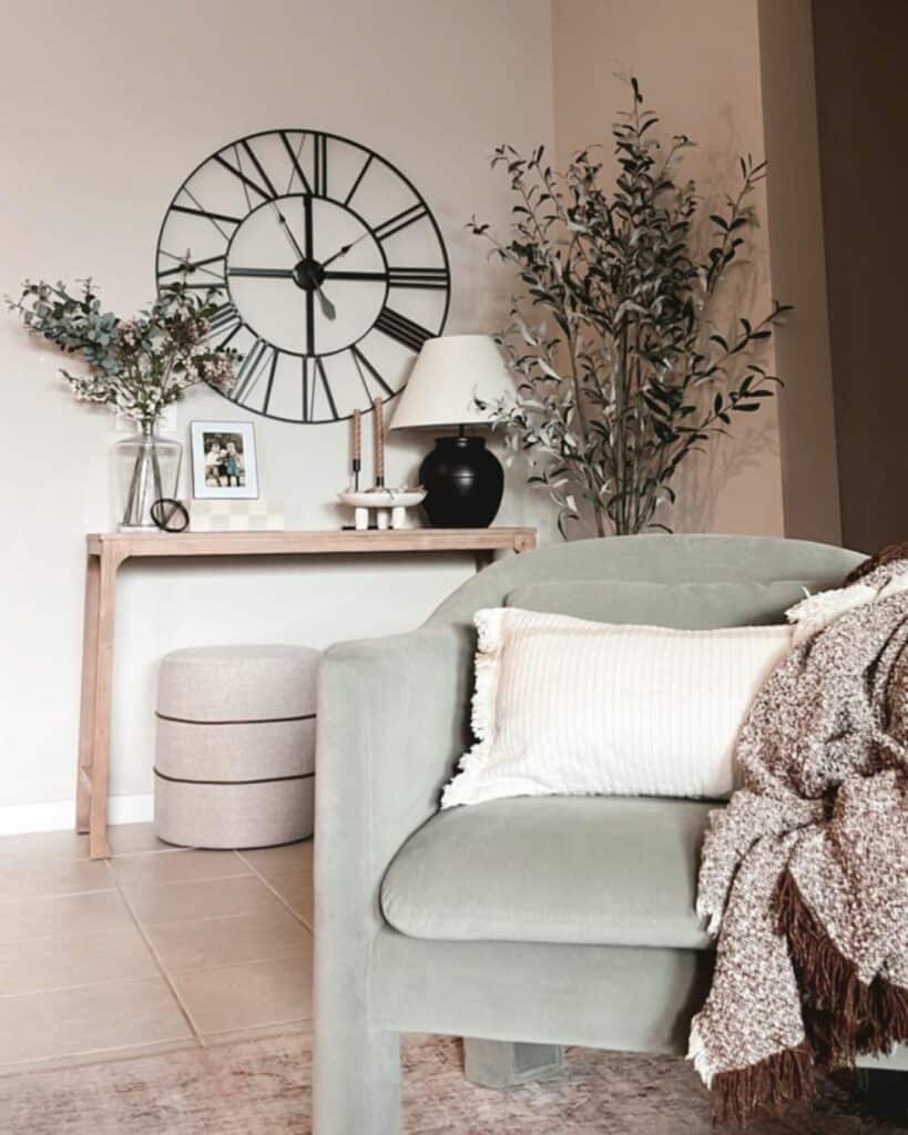 Black Wall Clock and Olive Tree in Living Room