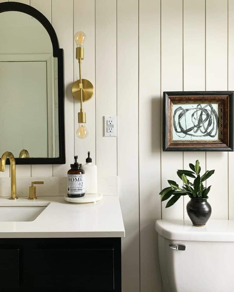 Black and White Bathroom Vanity With Retro Vanity Lights