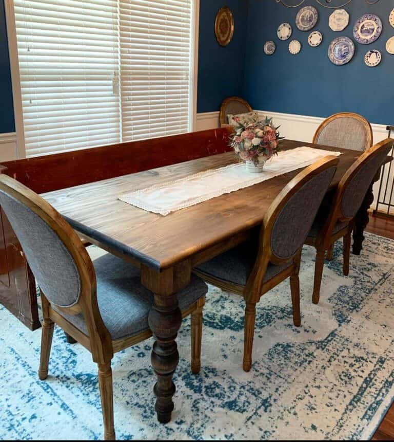 Blue Dining Room With Reclaimed Wood Table and Bench