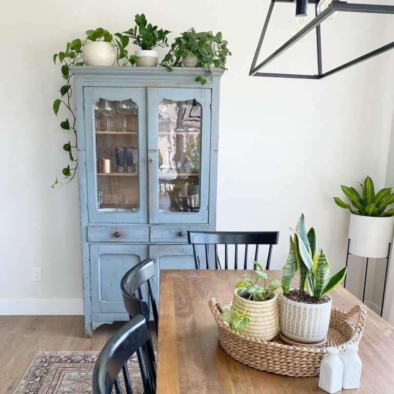 Blue Farmhouse Dining Room With House Plants