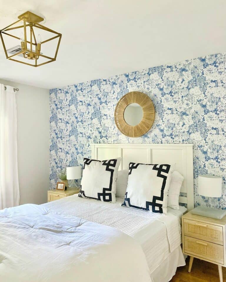 Blue and White Floral Wallpaper in Coastal Bedroom