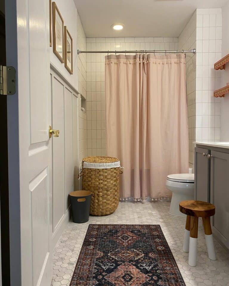 Board and Batten Wall and Vintage Rug in Farmhouse Bathroom