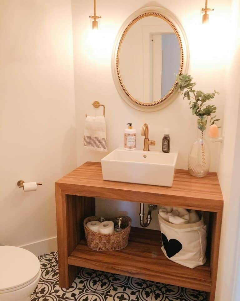 Brass and Wood Elements in Powder Room