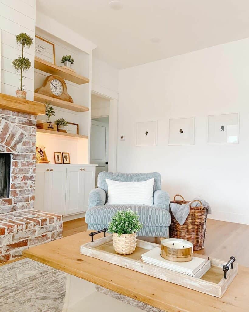 Brick Fireplace and Built-in Shelves in Living Room