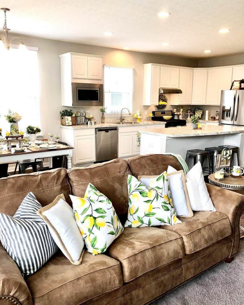 Brown Suede Couch With Lemon Accent Pillows Soul & Lane