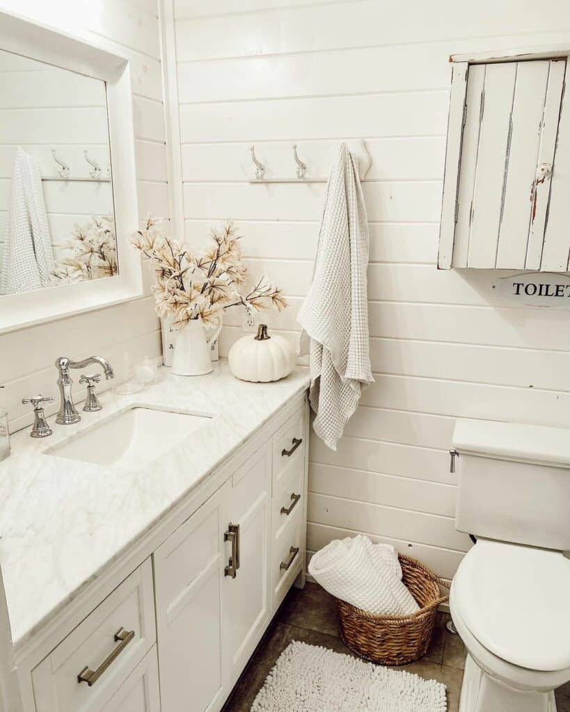 Charming White Farmhouse Bathroom