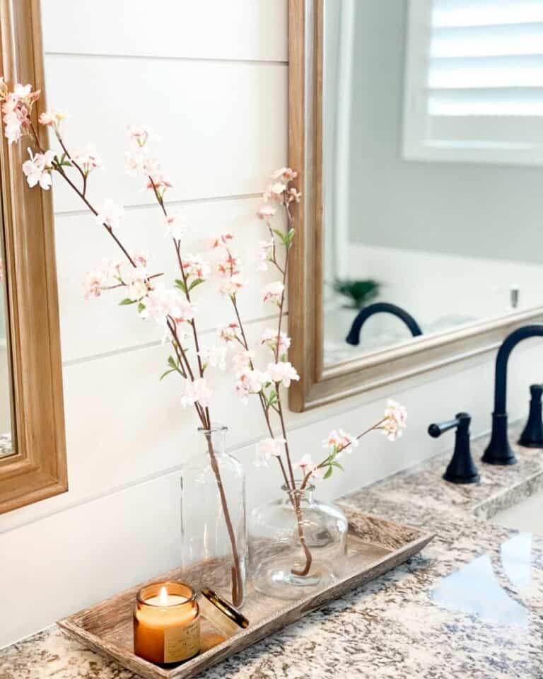 Chic Farmhouse Bathroom With Spotted Granite Vanity