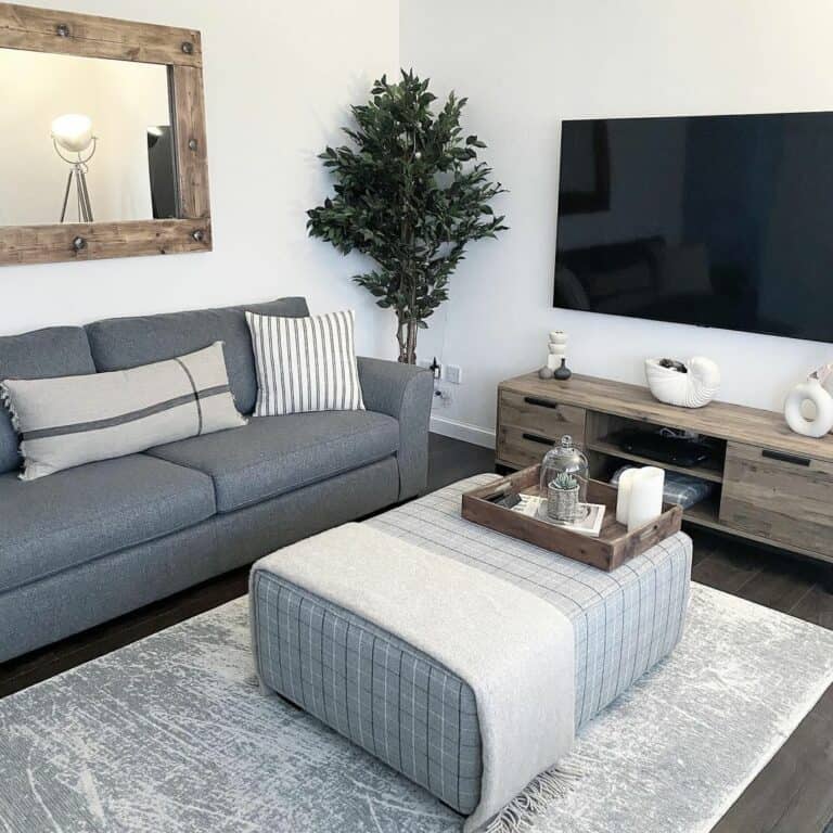 Chic Living Room With Wood Framed Built-in Shelf