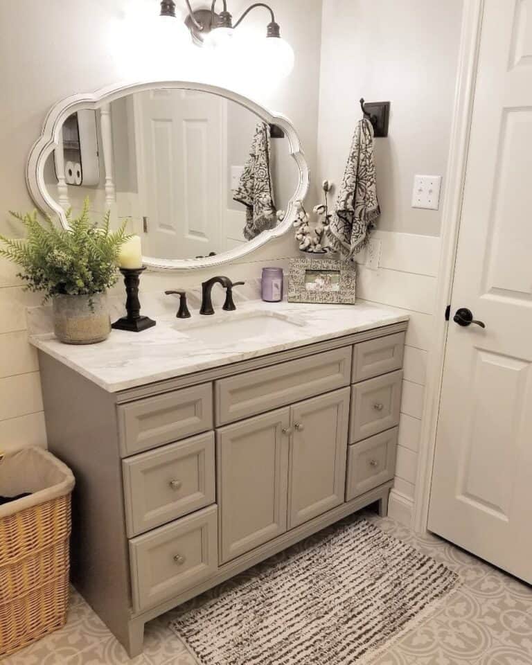 Chic Modern Farmhouse Bedroom With Marble Vanity