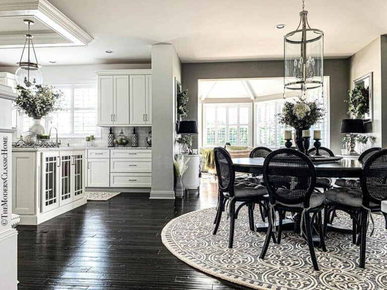 Connected White Kitchen With Black Dining Set