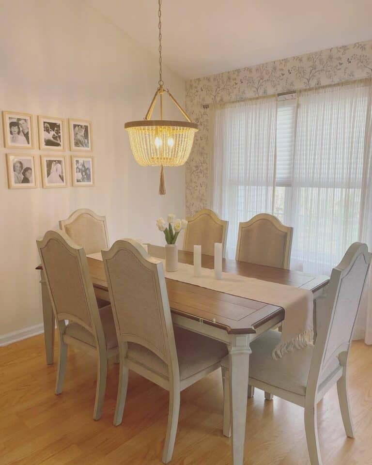 Cottage Dining Room With Wall Paper Accent Wall