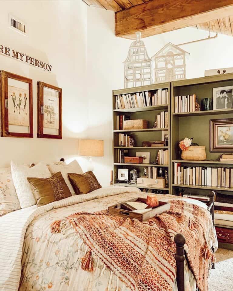Cottage Farmhouse Bedroom With Green Bookshelves