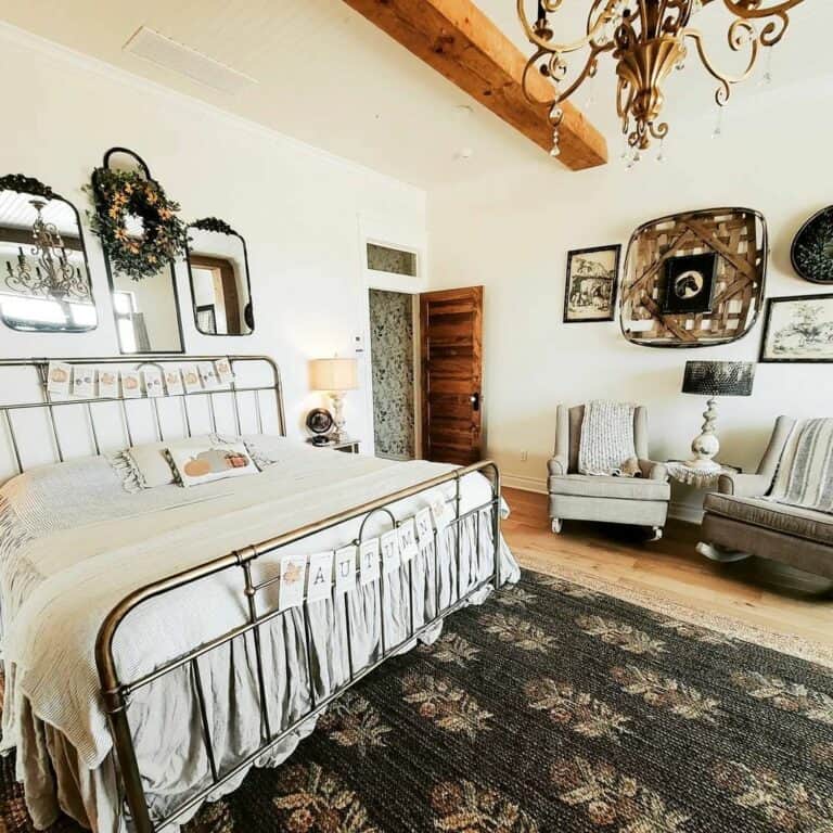 Country Farmhouse Bedroom With Gold Chandelier