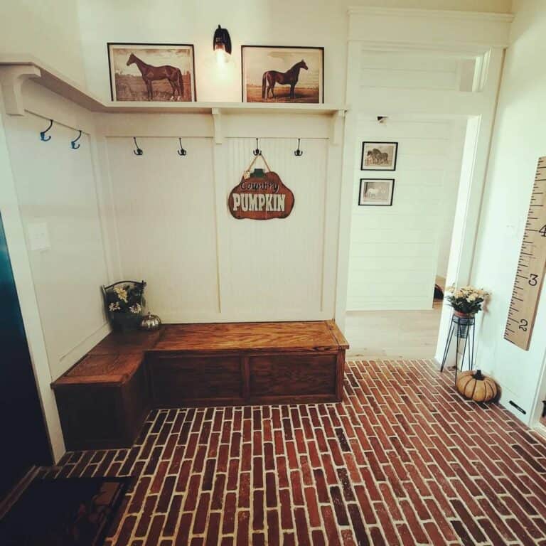 Country Farmhouse Mudroom With Brick Floor