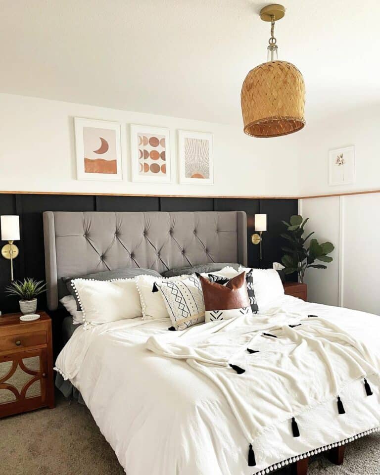 Cozy Bedroom With Gray Upholstered Bed