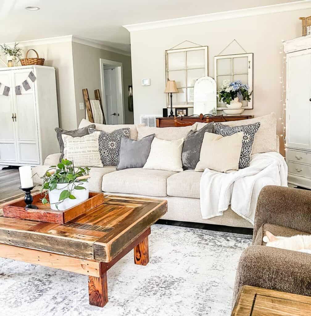 Cozy Farmhouse Living Room With Beige Couch