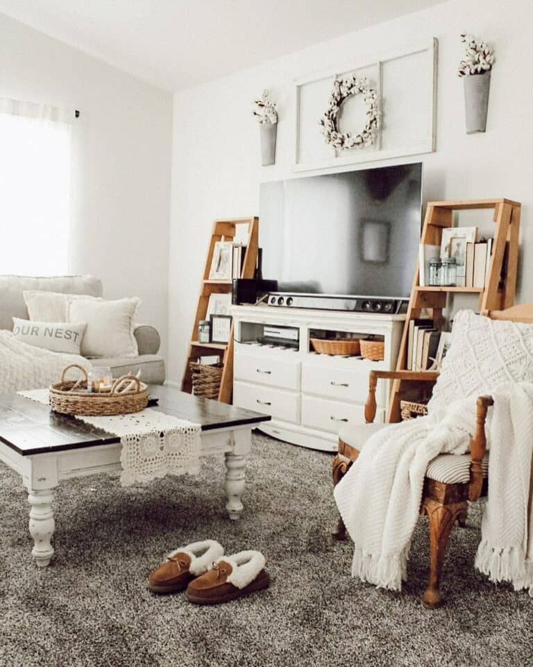Cozy Farmhouse Living Room With White TV Cabinet