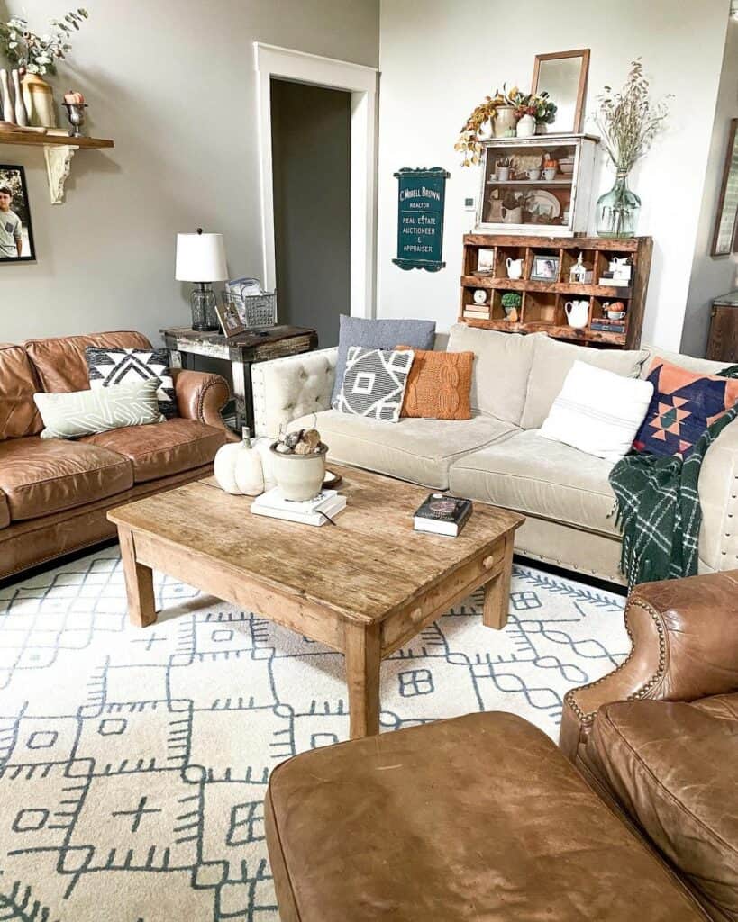 Cozy Farmhouse Living Room With a Rustic Wooden Coffee Table