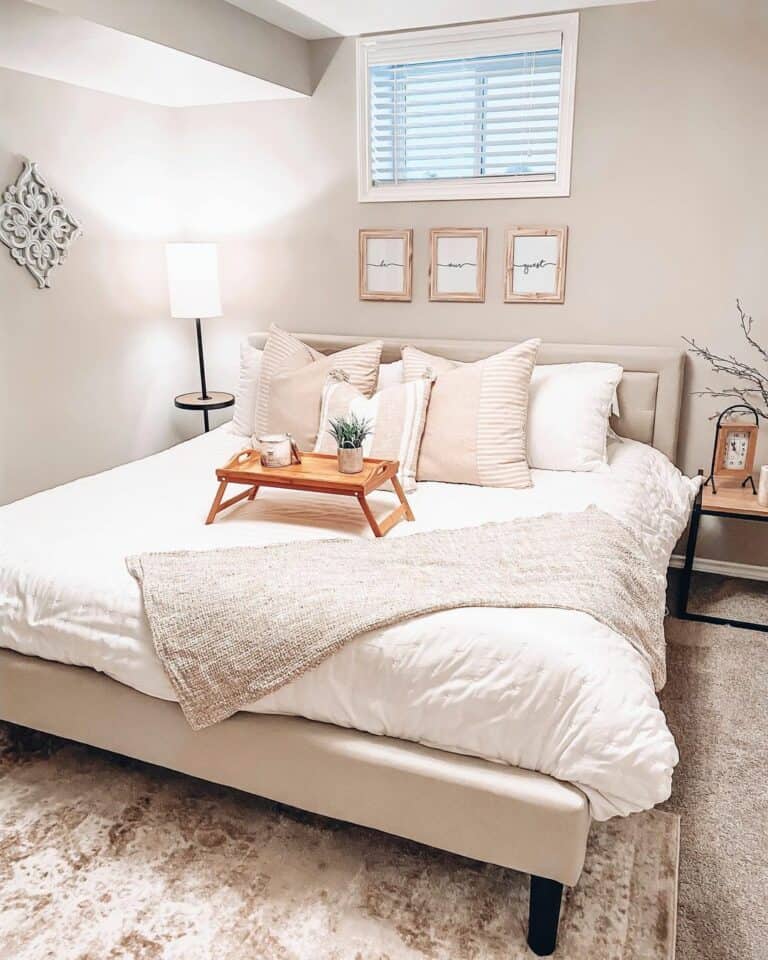 Cozy Guest Bedroom With Beige Upholstered Bed