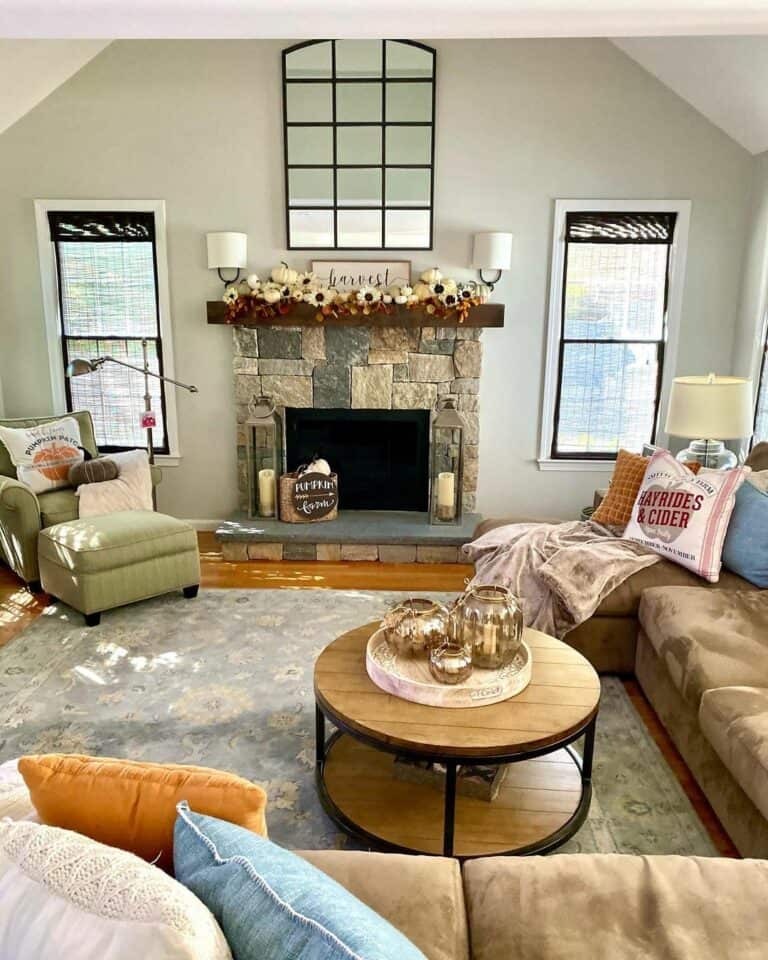 Cozy Living Room With Tan Suede Sectional