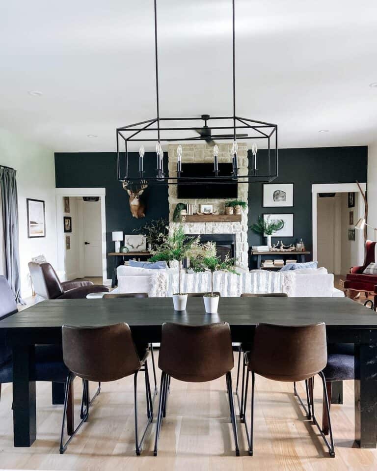 Dark Accent Wall and Oak Table in Dining Room