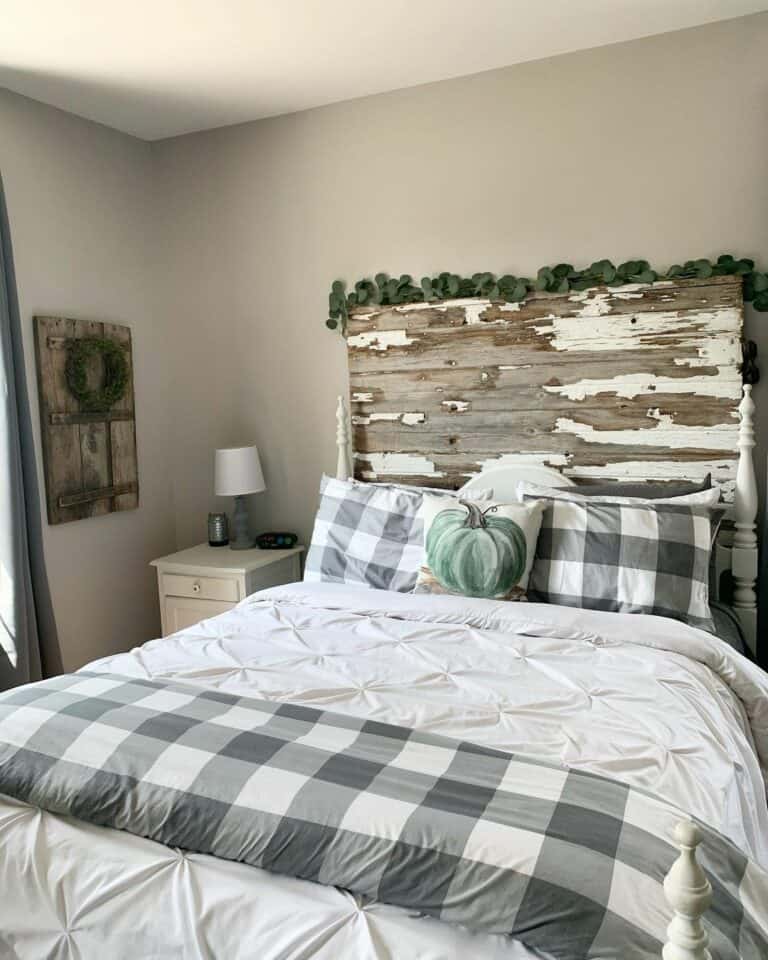 Distressed Headboard and Plaid Bedding
