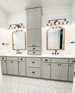 Double Vanity Farmhouse Bathroom With Patterned Floor Tiles - Soul & Lane