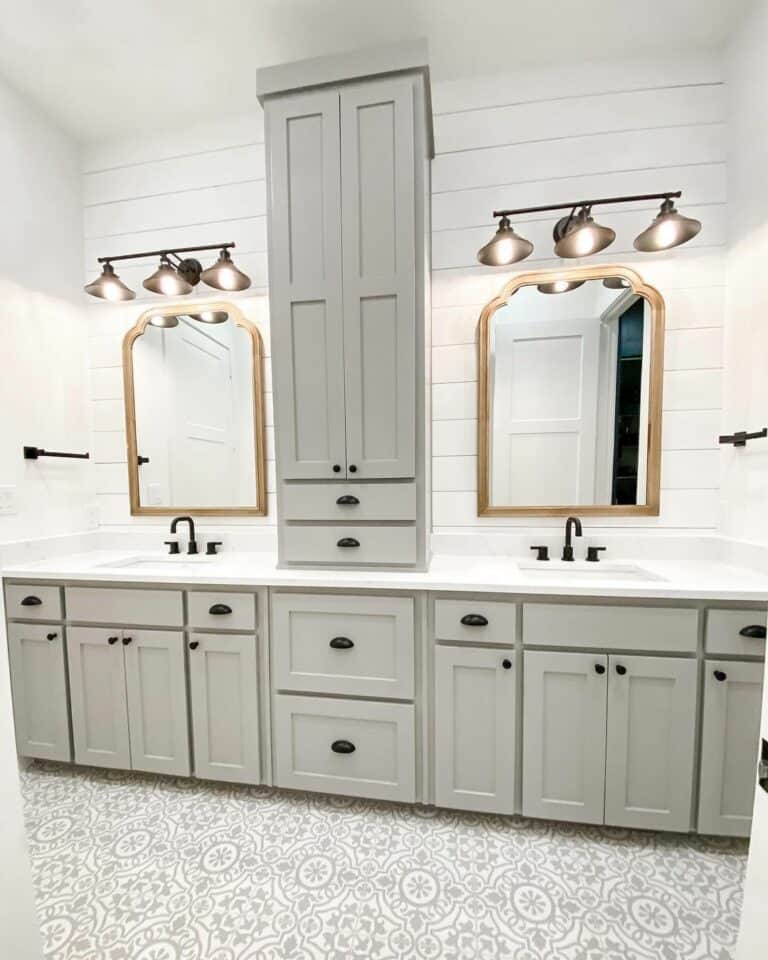 Double Vanity Farmhouse Bathroom With Patterned Floor Tiles