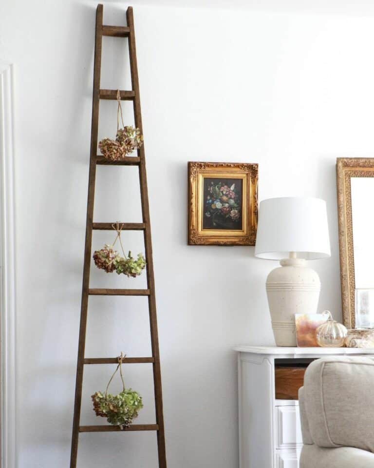 Dried Flower Ladder and Antique Framed Art