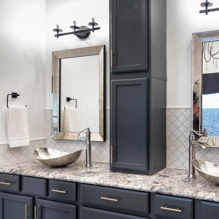 Dual Bathroom Vanity With Luxurious Silver Vessel Sinks