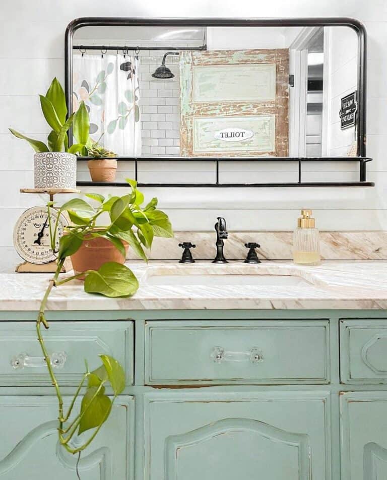 Farmhouse Bathroom With Pale Green Cabinets