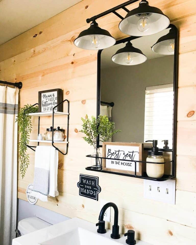 Farmhouse Bathroom With Wooden Shiplap Accent Walls
