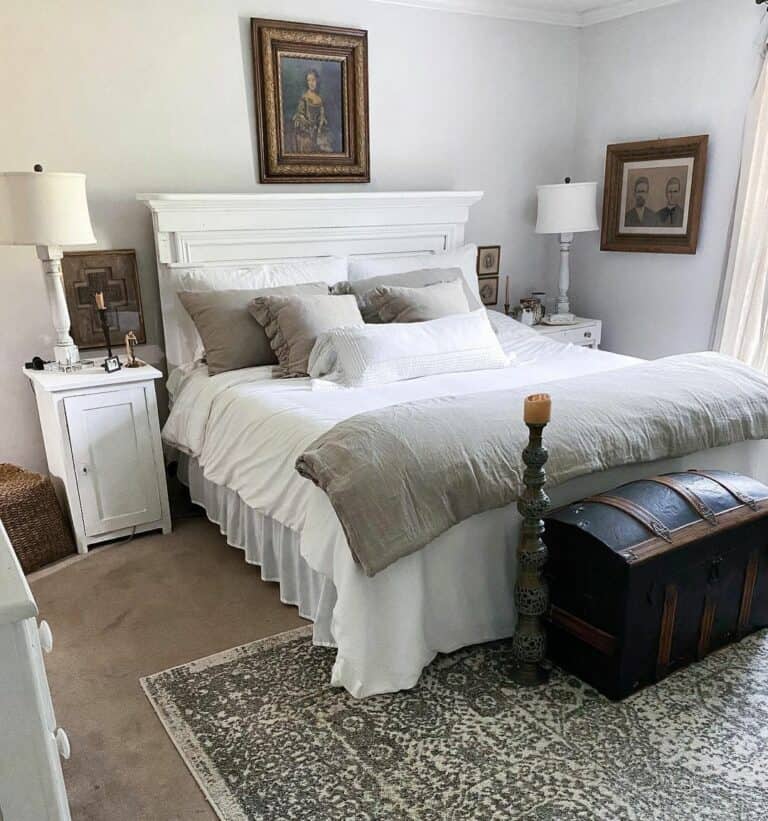 Farmhouse Bedroom With Modern White and Gray Bedding