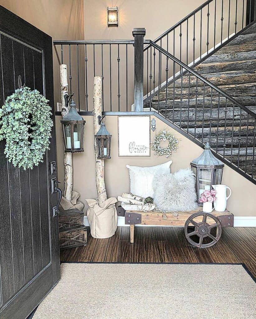 Farmhouse Black Wood Staircase With Iron Spindles