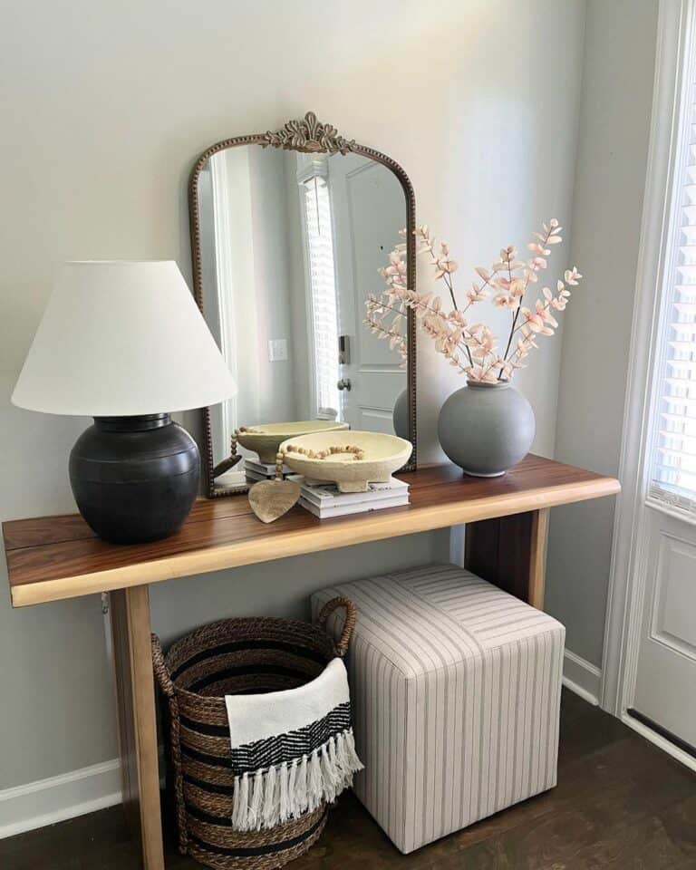 Farmhouse Entry With Gold Filigree Mirror