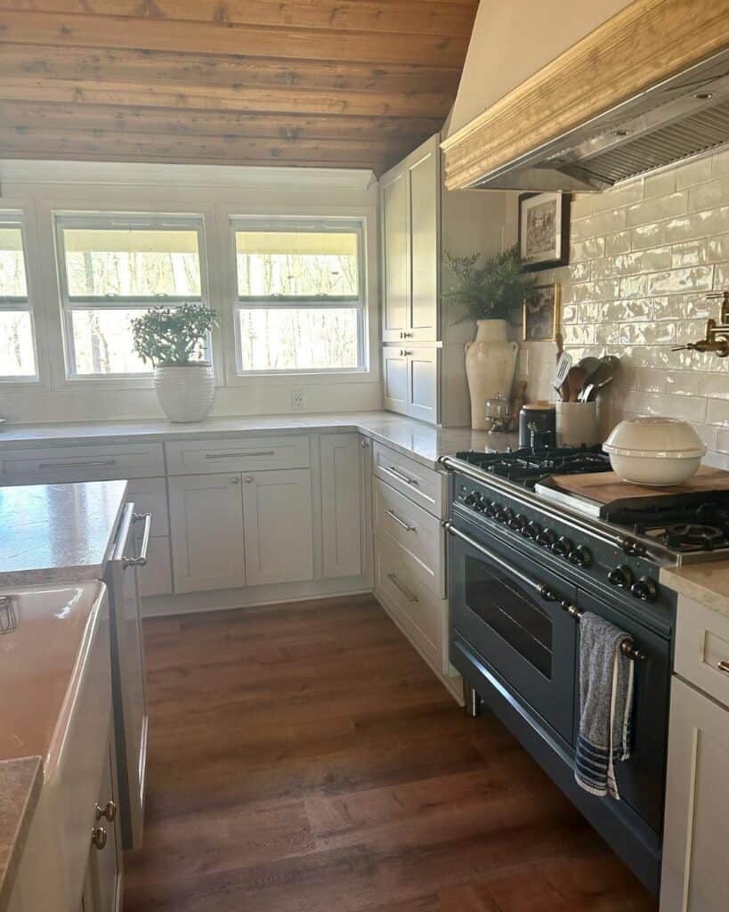 Farmhouse Kitchen With White Tiled Wall