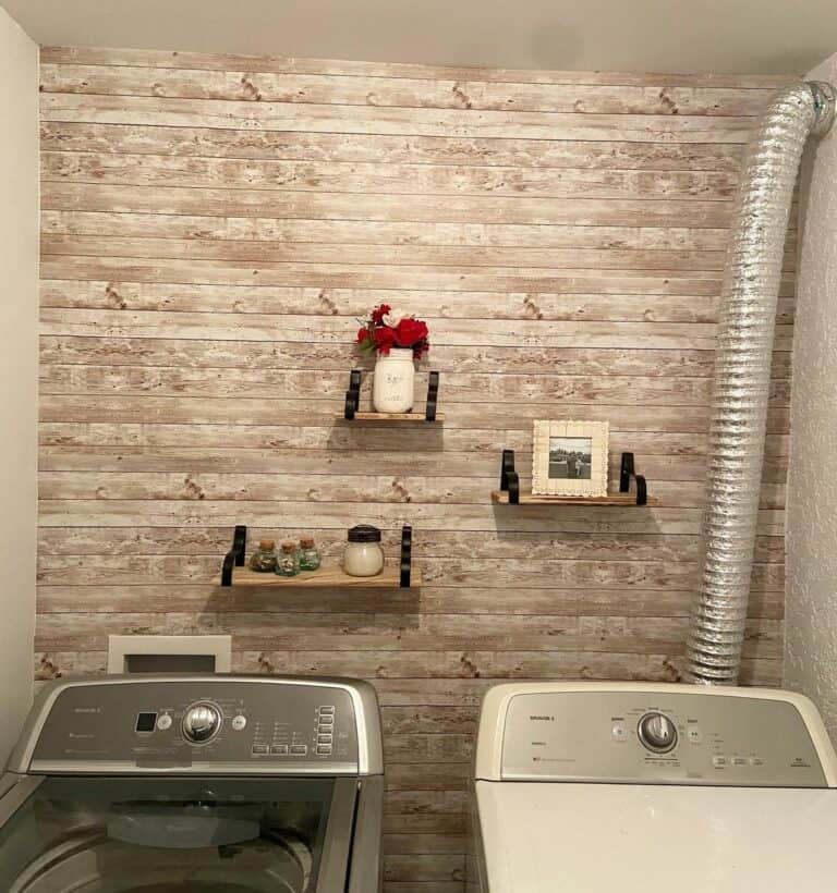 Farmhouse Laundry Room With Wood Shelves