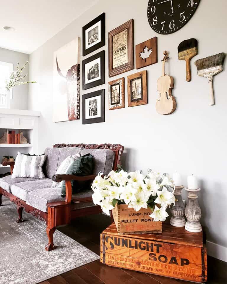 Farmhouse Living Room With Wood Frames on Wall