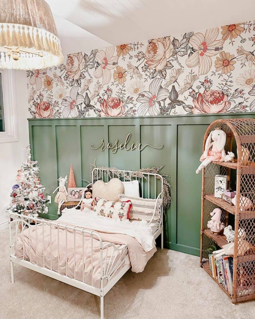 Floral Wallpaper and Sage Green Wainscoting - Soul & Lane
