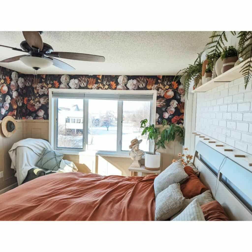 Floral Wallpaper and White Brick Wall in Bedroom