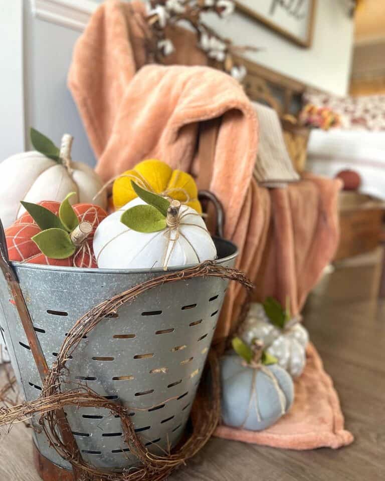 Galvanized Metal Bucket With Faux Pumpkins