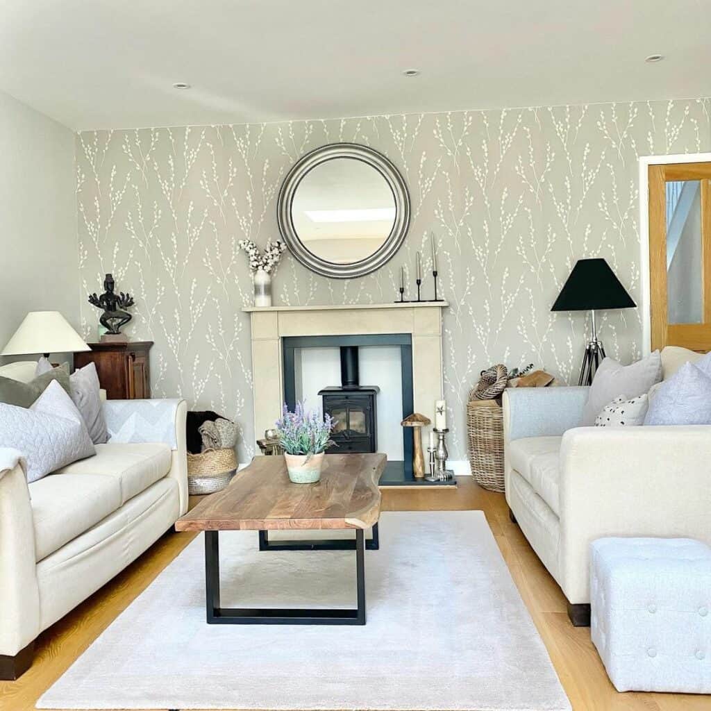 Gray Accent Wall With Botanical Pattern