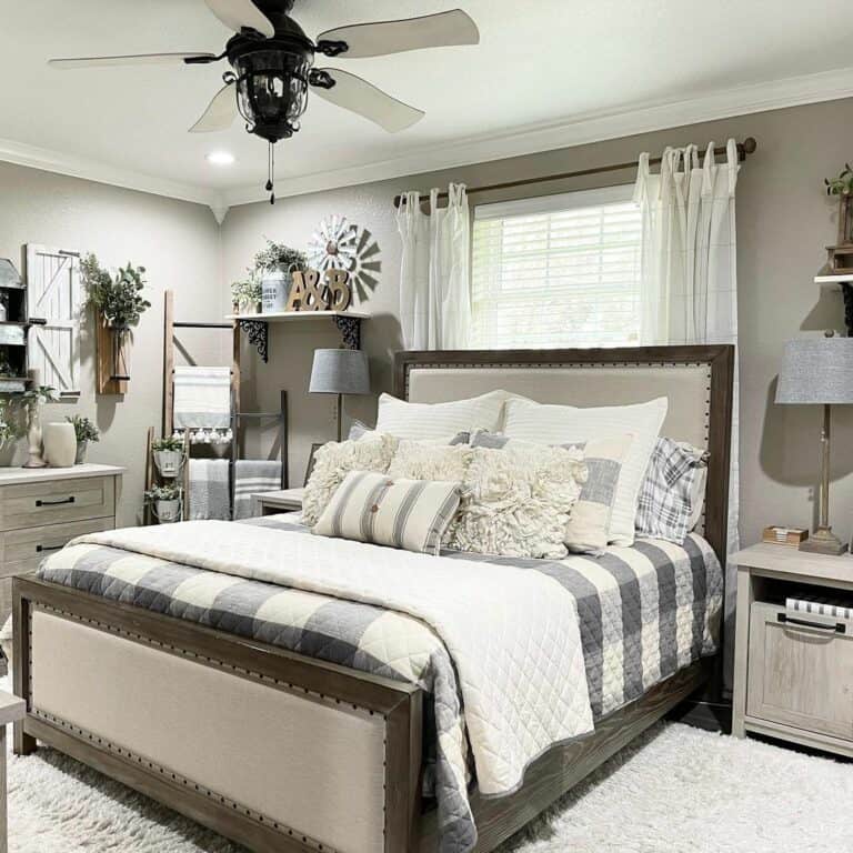 Gray Bedroom With Gray Checkered Bedding