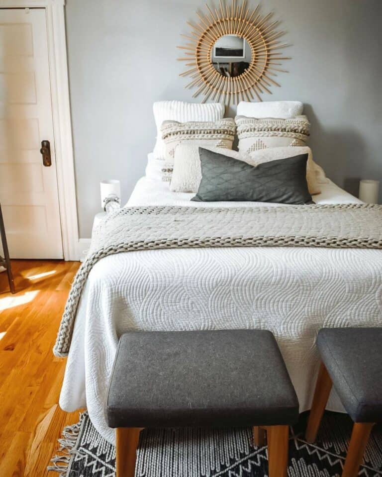 Gray Farmhouse Bedroom With Sunburst Mirror