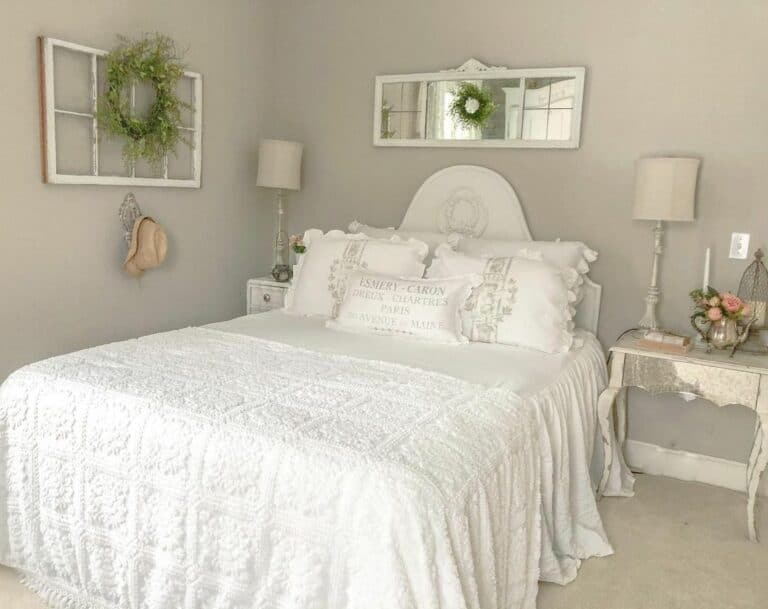 Gray Guest Bedroom With Rustic White Night Tables