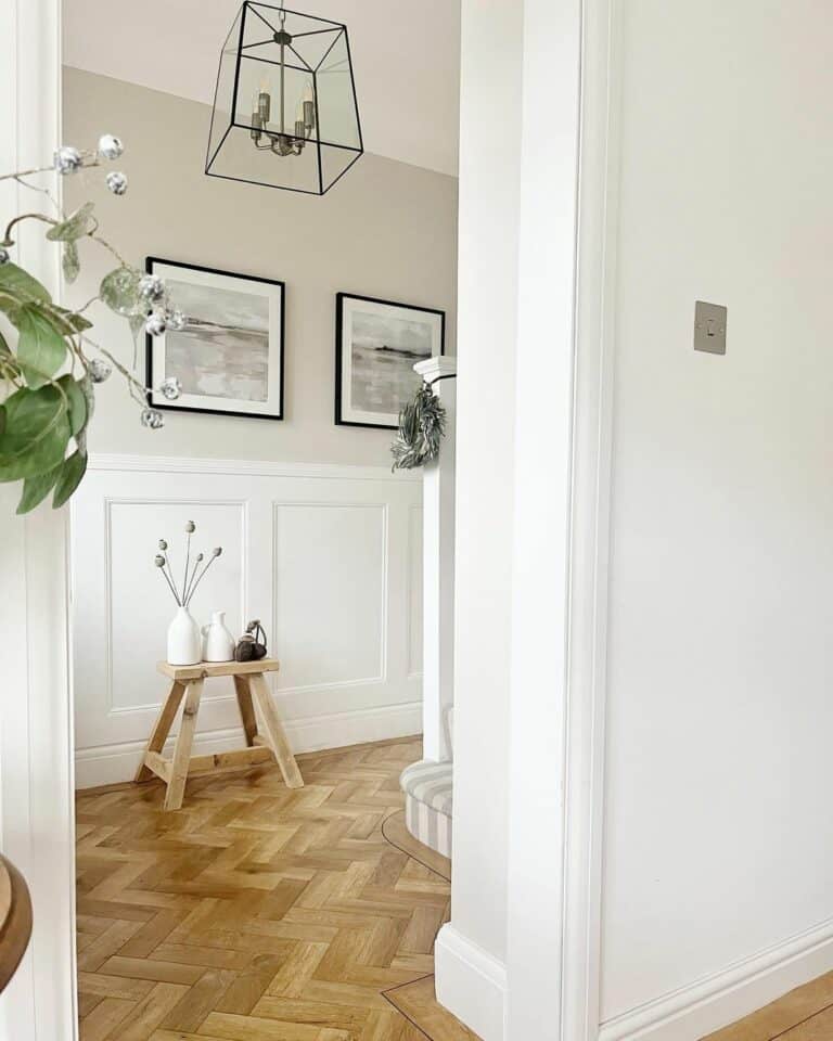 Herringbone Flooring and Modern Lighting